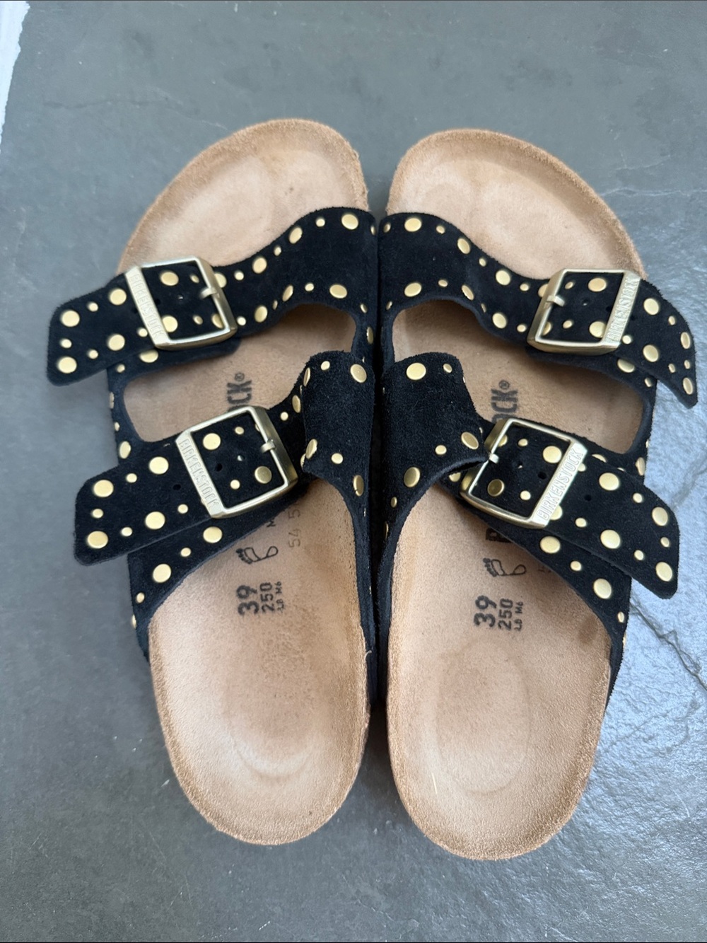 Birkenstock Black Suede Studded Triple-Strap Sandals with Gold Buckles - Picture 1 of 2